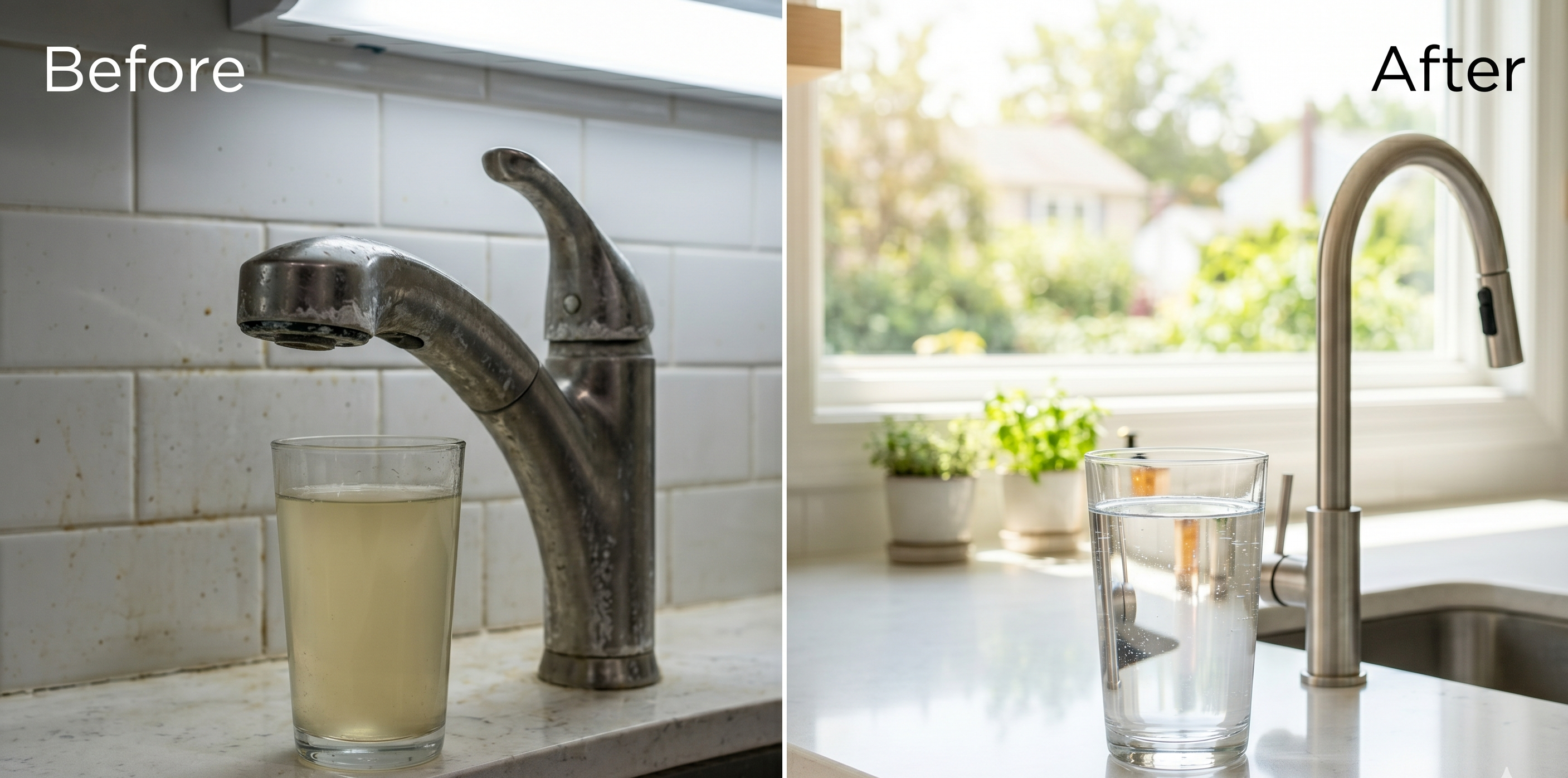 Before and after — cloudy tap water vs. crystal clear PureEntry filtered water