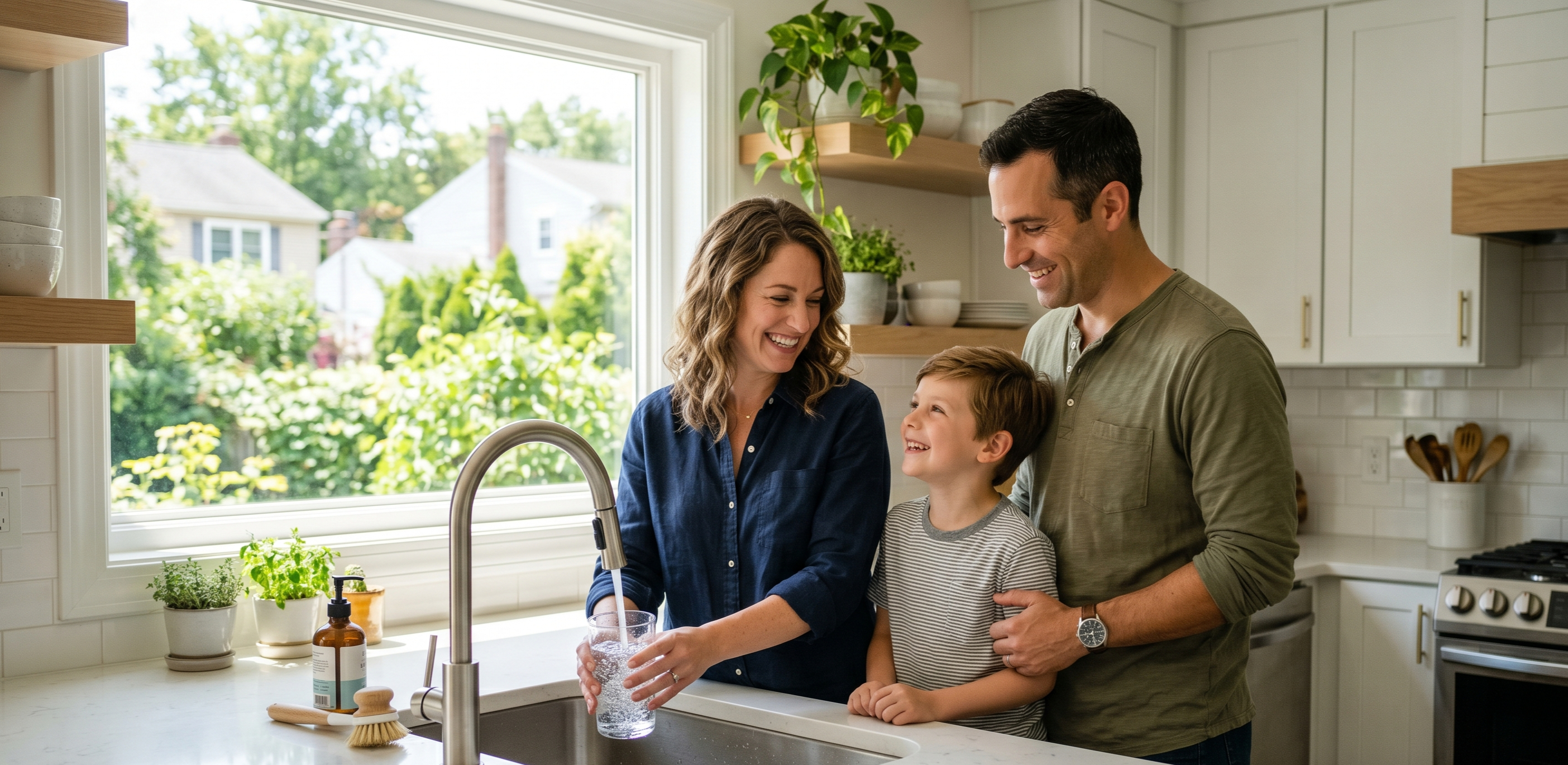 Happy family enjoying clean water at their kitchen sink